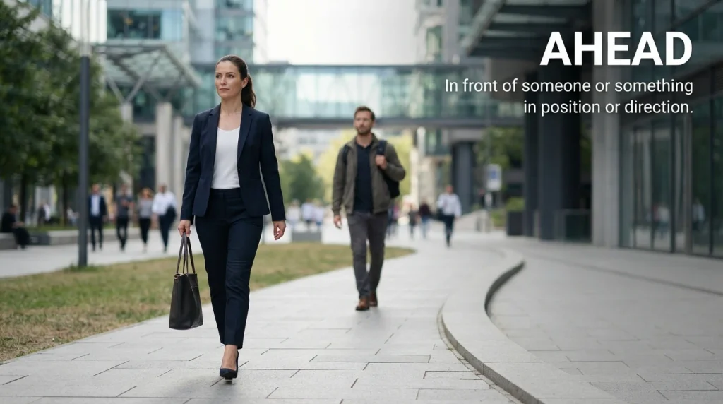 Ahead means in front of someone or something, especially in position or direction.