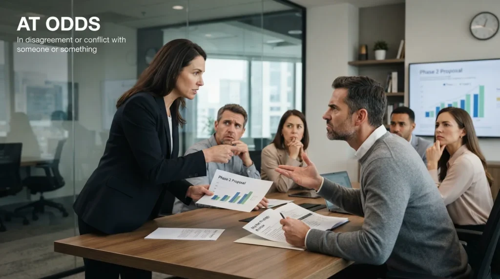 At odds means in disagreement or conflict with someone or something.