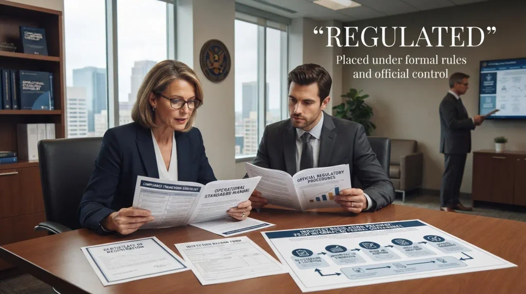 Means to place an activity, industry, or process under formal rules or official control.
