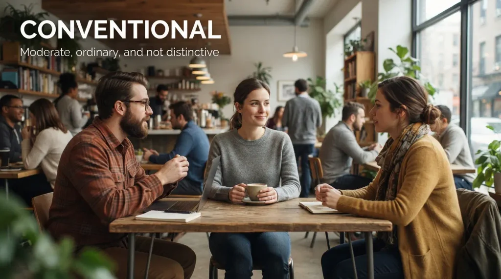 Moderate, conventional, or lacking strong distinctive qualities.