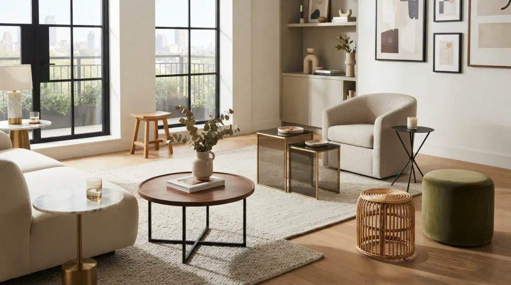 Occasional furniture refers to smaller, movable pieces used when needed, such as side tables, coffee tables, or stools.