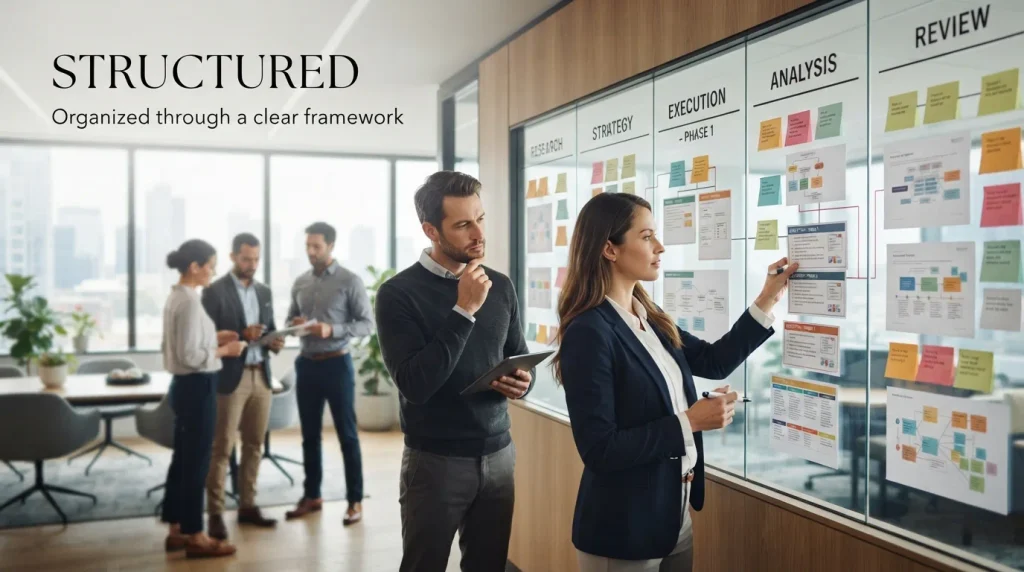 Organized by providing a clear framework or arrangement.