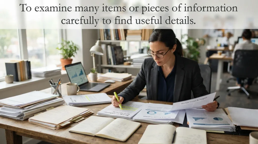 To examine many items or pieces of information carefully to find useful details.